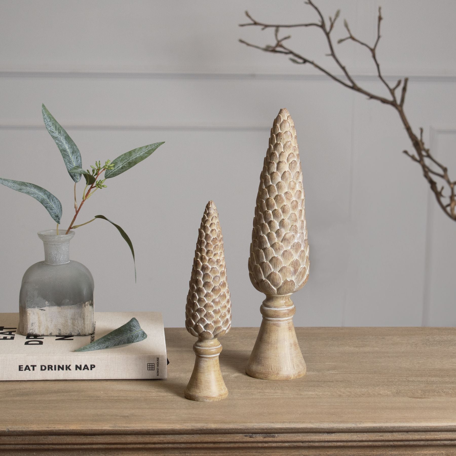 Natural Wood Pinecone Sculpture On Base - 2 Sizes