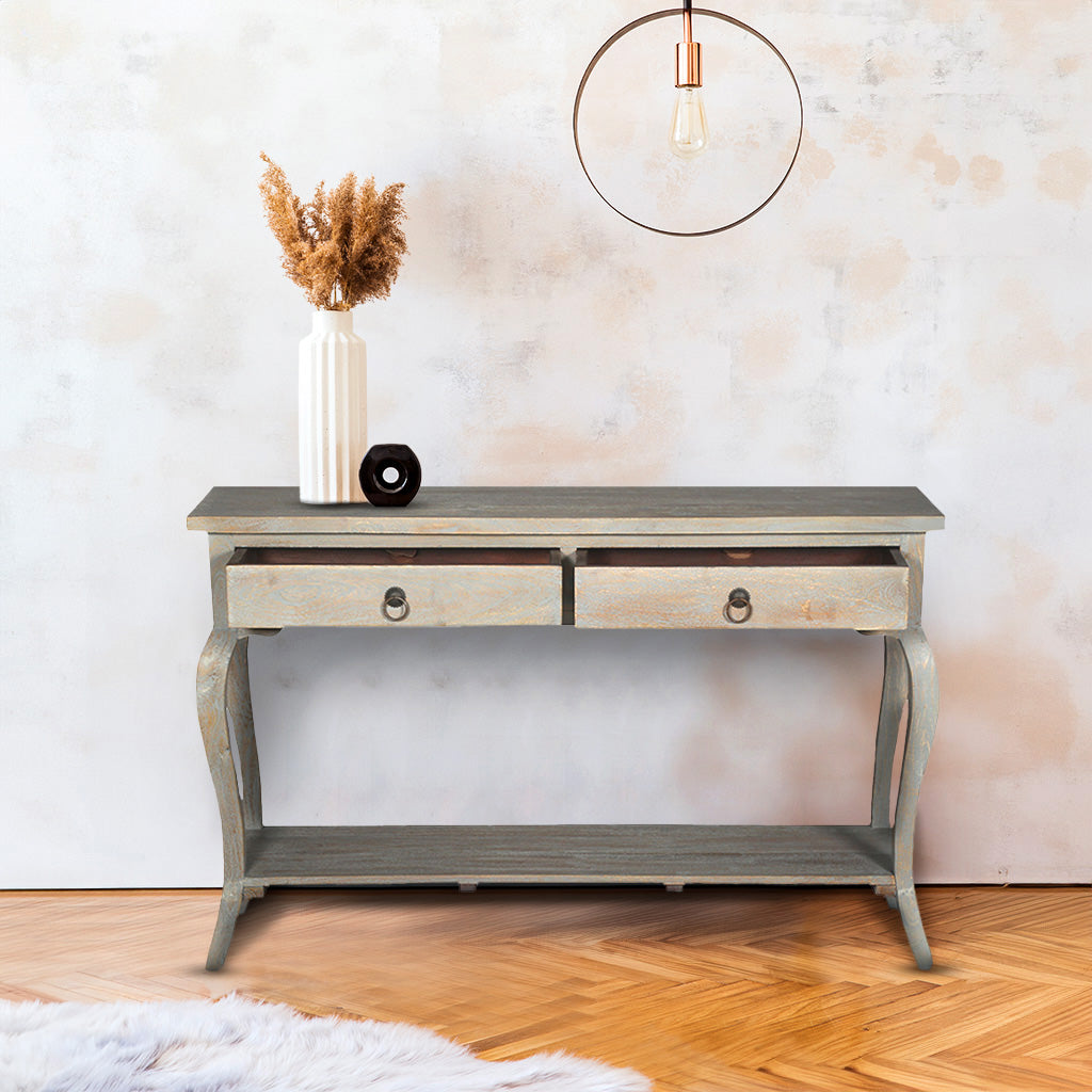 Grey Mango Wood Cottage Console Table with Two Drawers