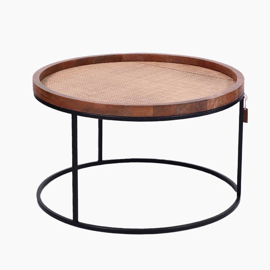 Eco-Friendly Round Coffee Table with Criss-Cross Wood & Jute Top