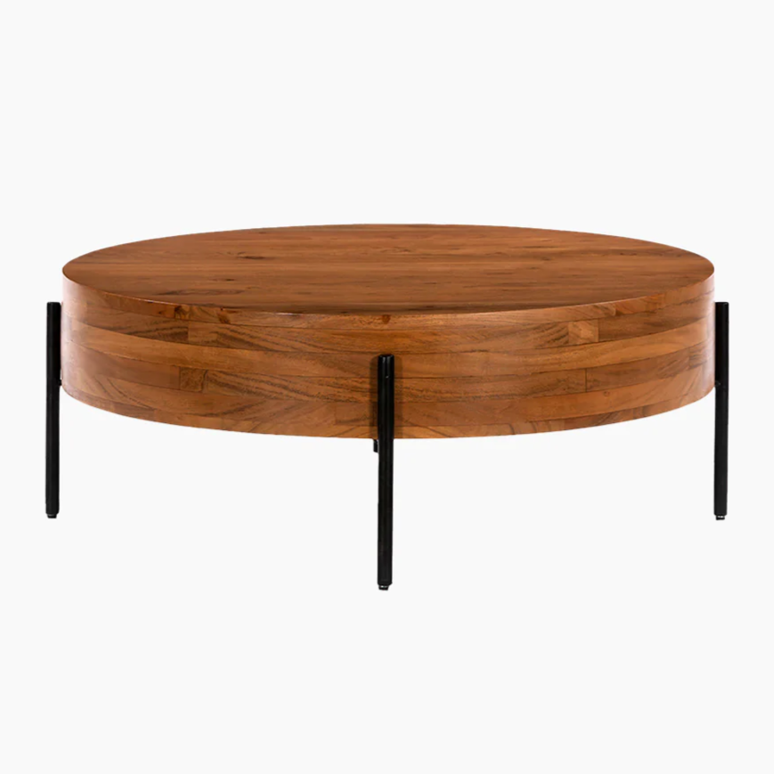 Natural Acacia Wood Round Coffee Table with Black Iron Legs