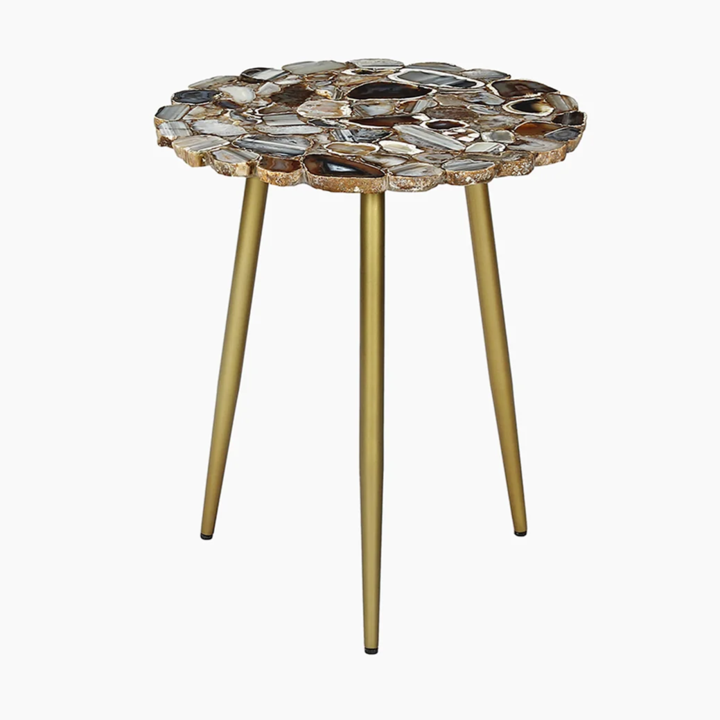 Blue & Black Agate End Table with Tripod Metal Legs