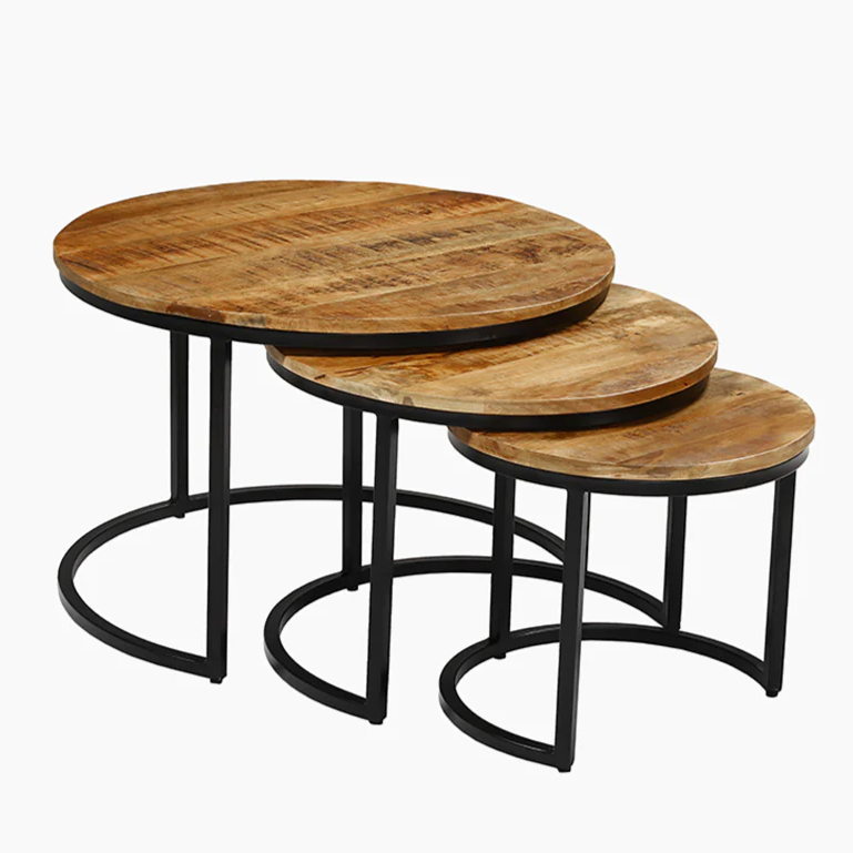 Mango Wood Trio Nesting Tables with Black Metal Legs