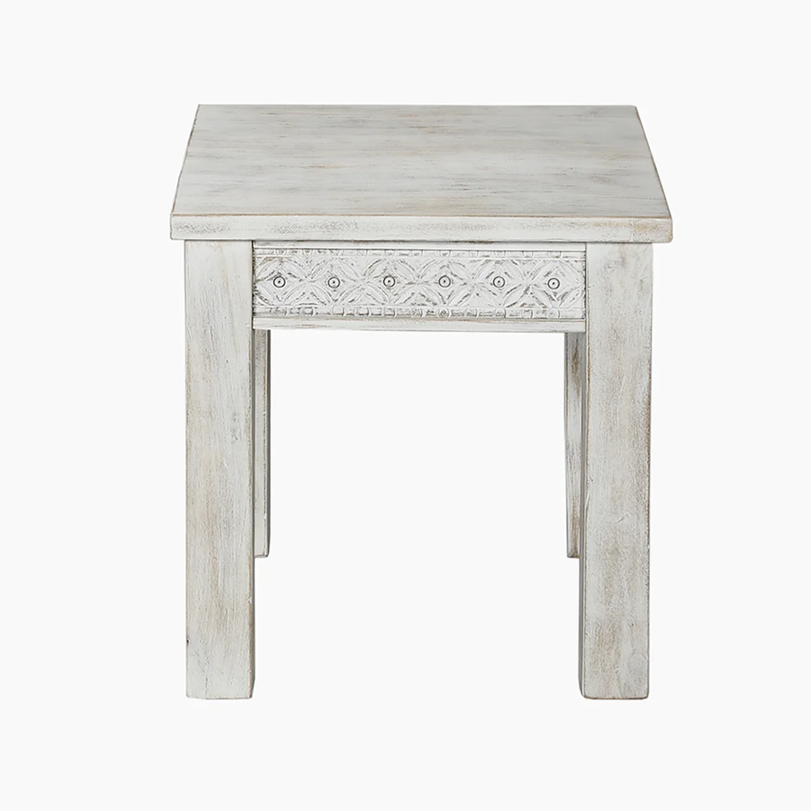 Rustic Mango Wood End Table with Carved Design