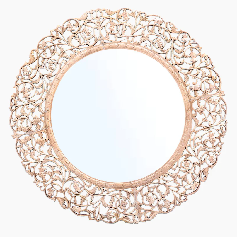 White Carved Mango Wood Round Mirror