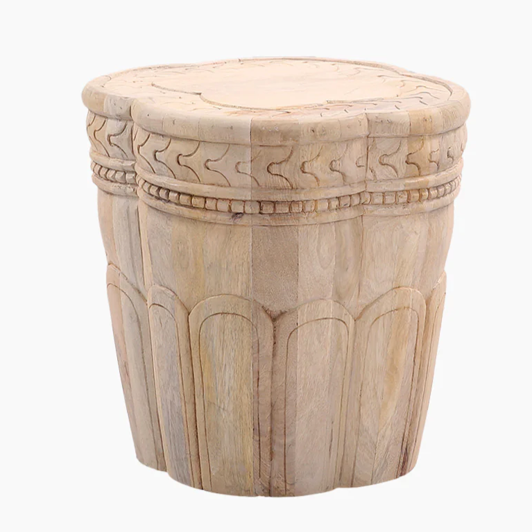 Wooden Carved End Table with Natural Finish