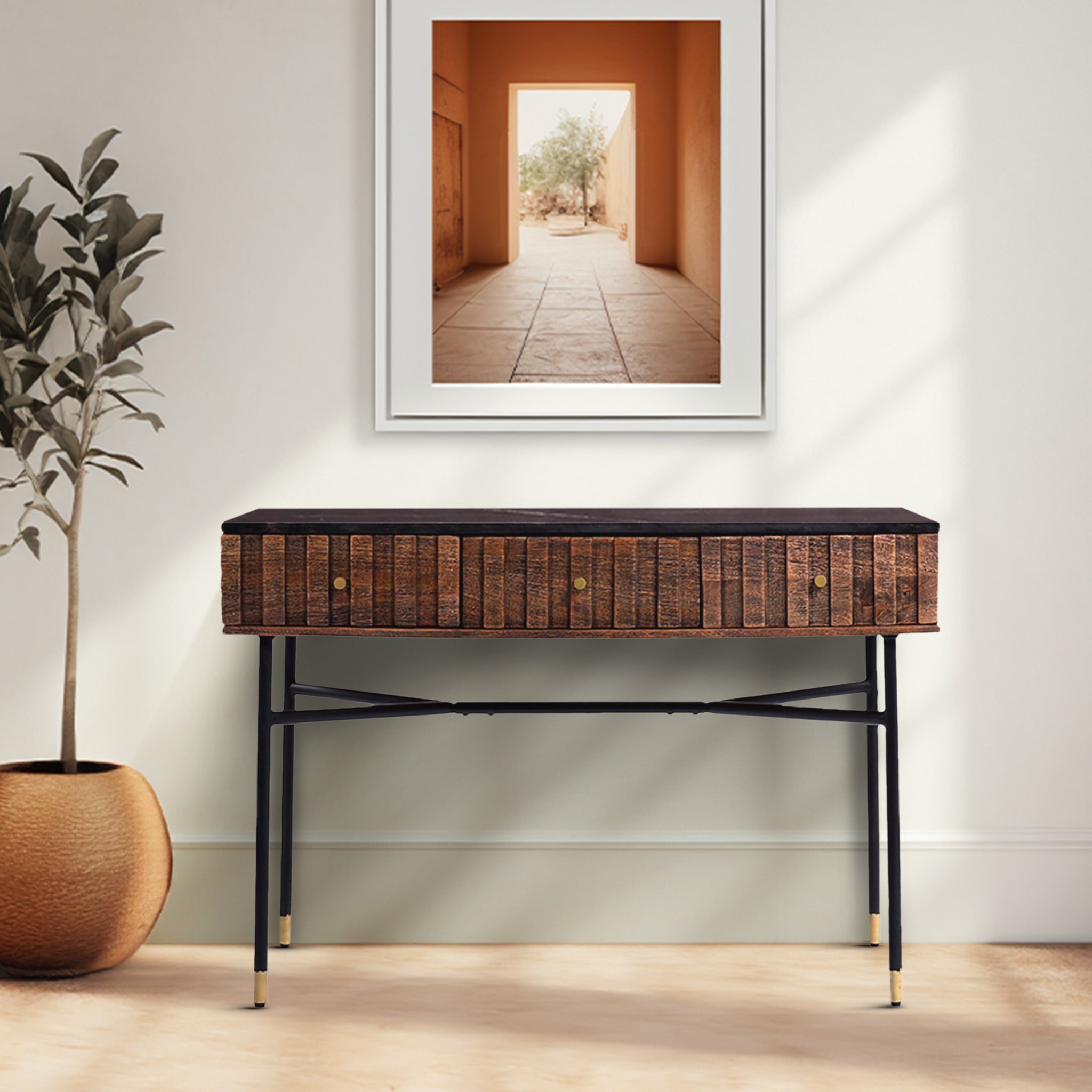 Marble Top Mango Wood Three-Drawer Console Table