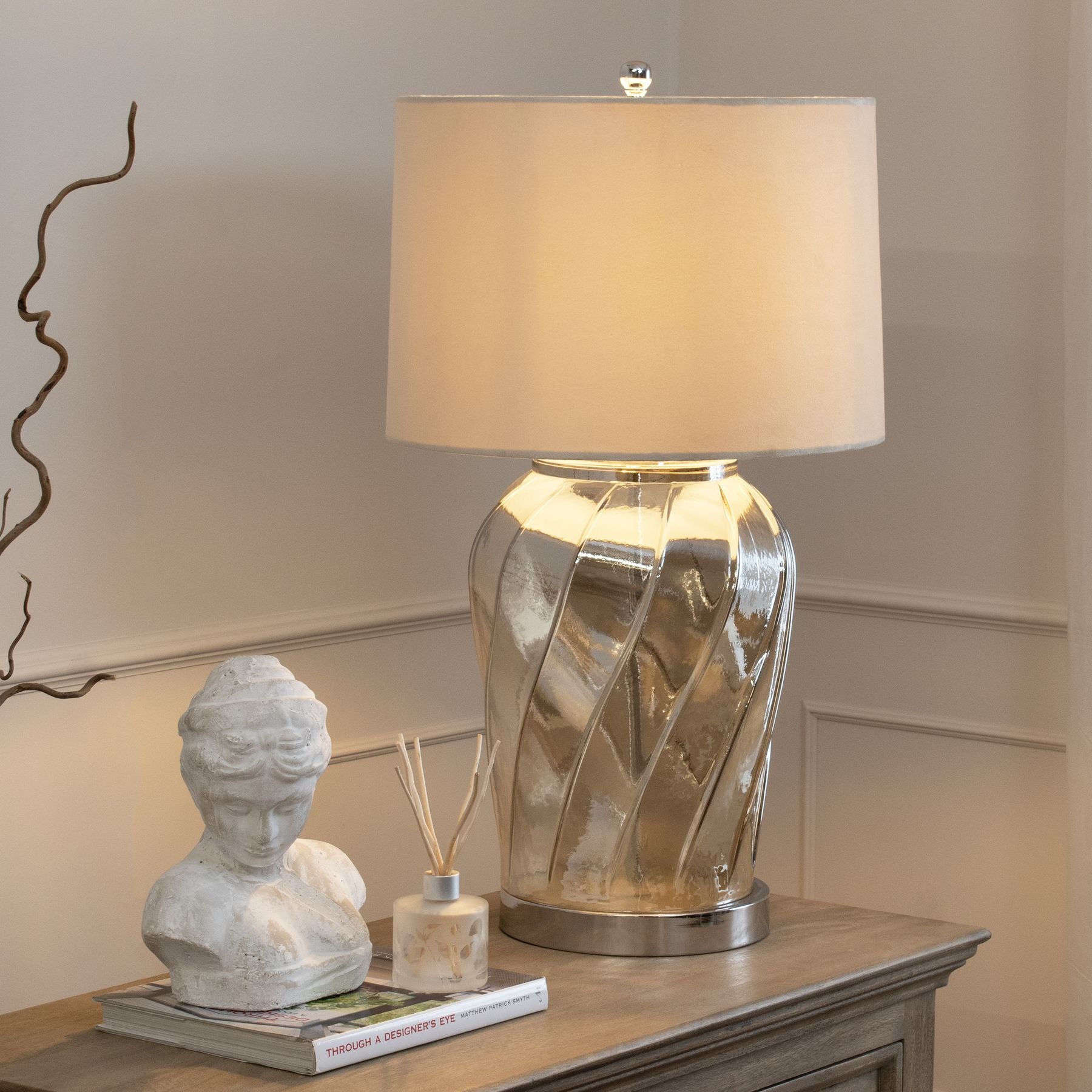 Emissary Metallic Glass Lamp With Velvet Shade