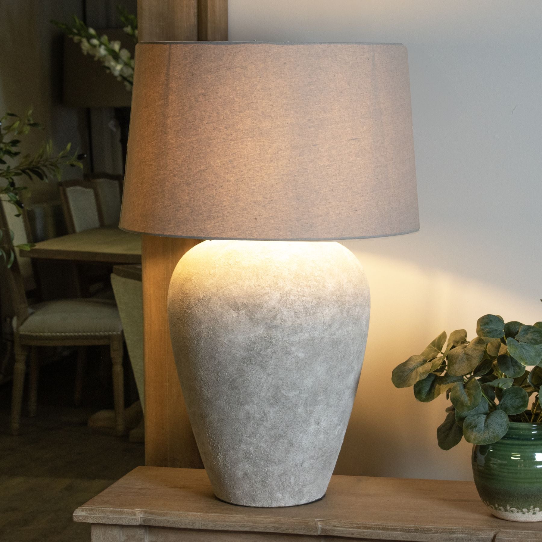 Valentina Aged Stone Tall Table Lamp With Linen Shade