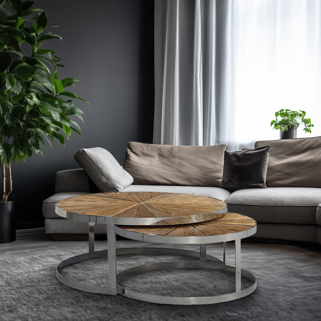 Reclaimed Wood Nesting Coffee Tables with Stainless Steel Base