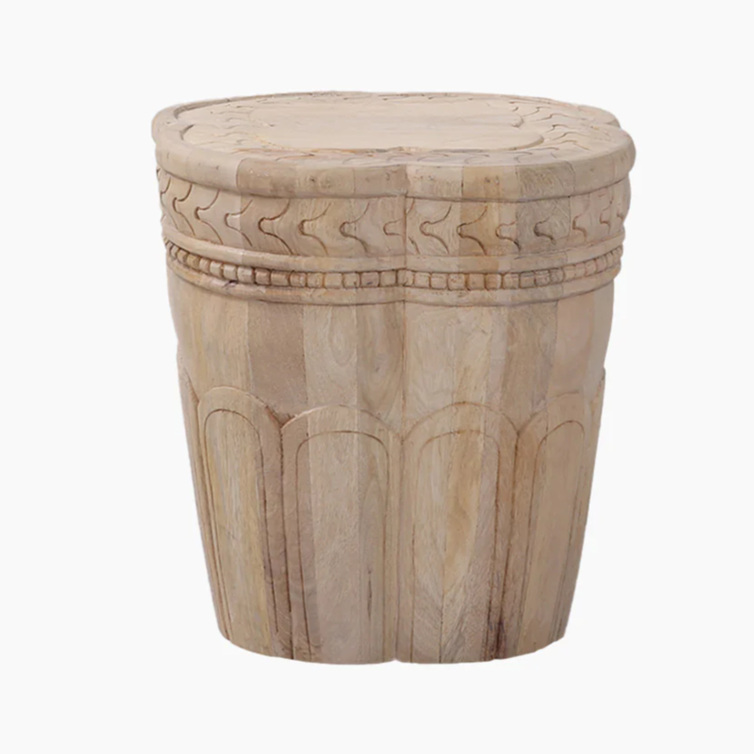 Wooden Carved End Table with Natural Finish