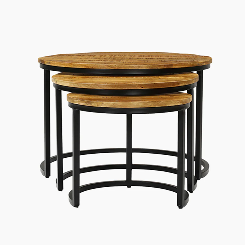 Mango Wood Trio Nesting Tables with Black Metal Legs