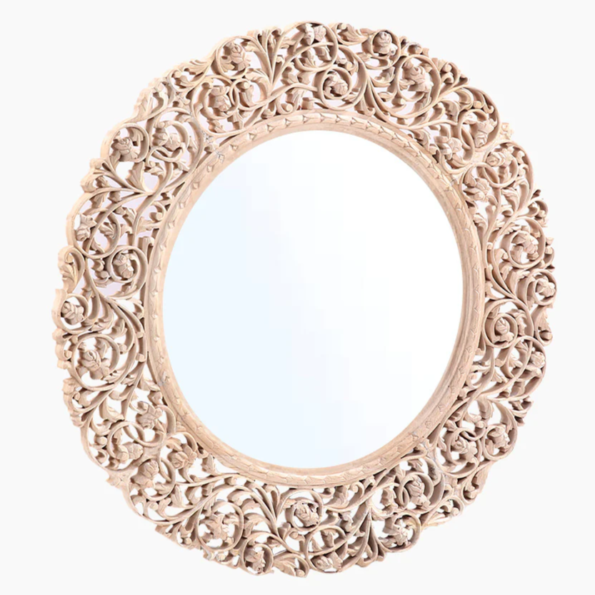 White Carved Mango Wood Round Mirror