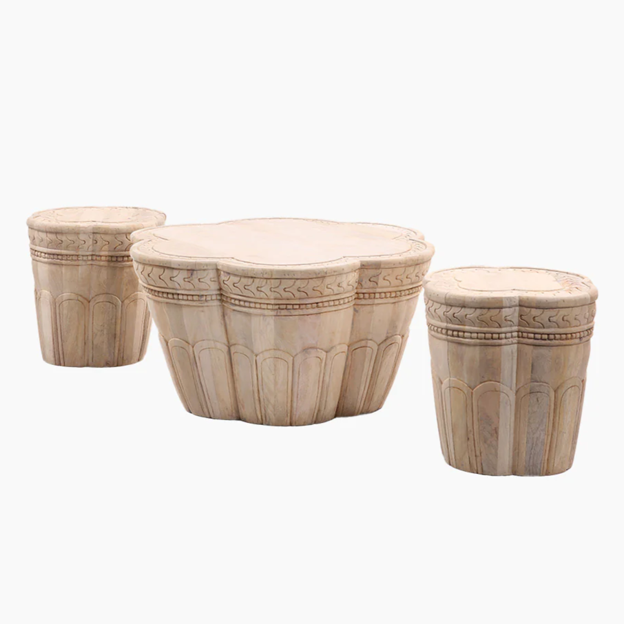 Willow Carved Mango Wood Coffee and 2 End Tables Set