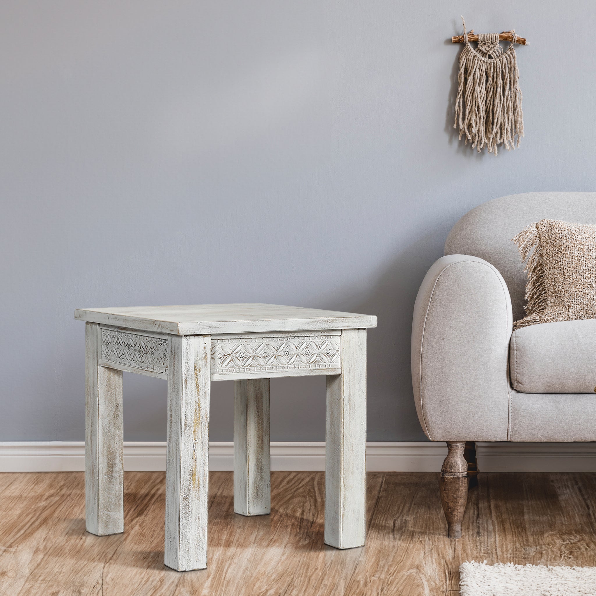 Rustic Mango Wood End Table with Carved Design