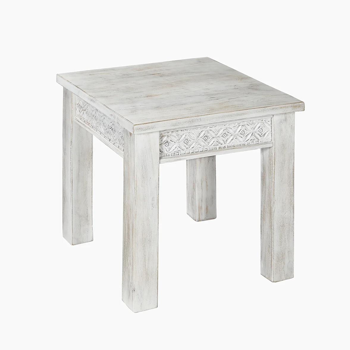 Rustic Mango Wood End Table with Carved Design