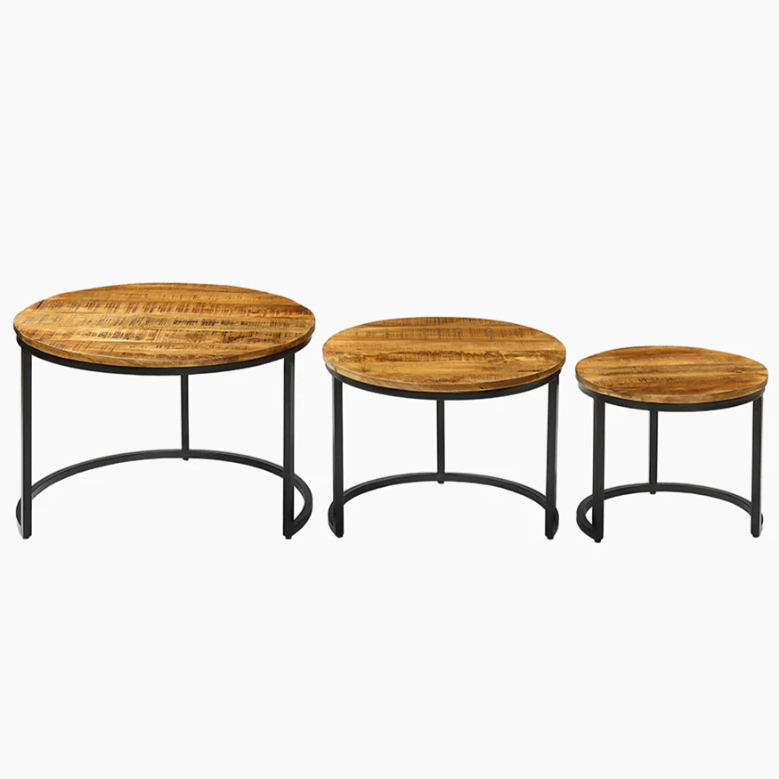 Mango Wood Trio Nesting Tables with Black Metal Legs