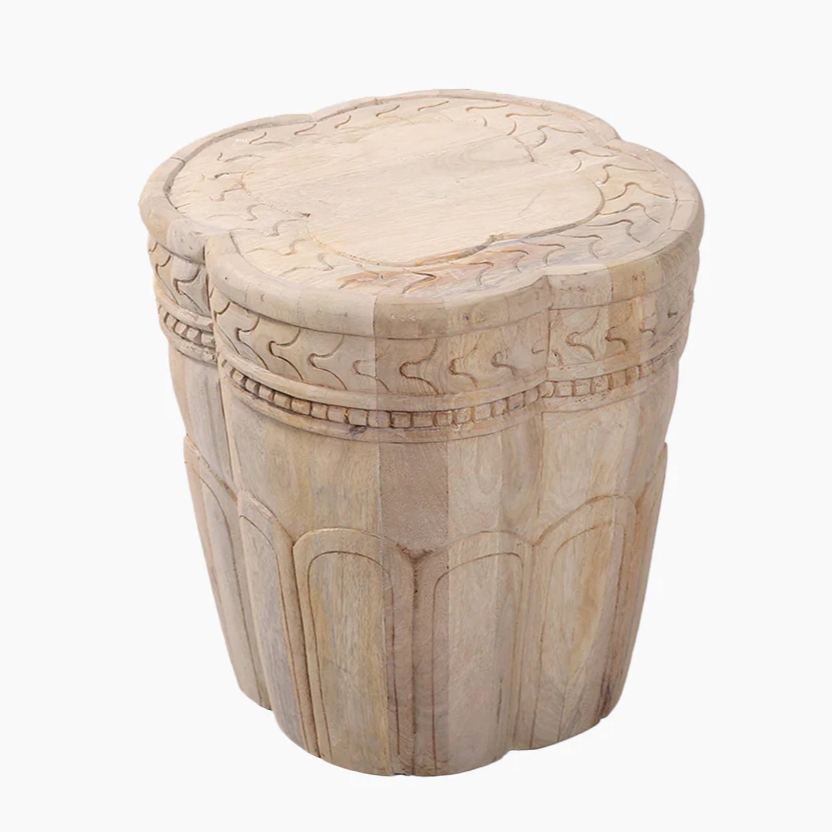 Wooden Carved End Table with Natural Finish