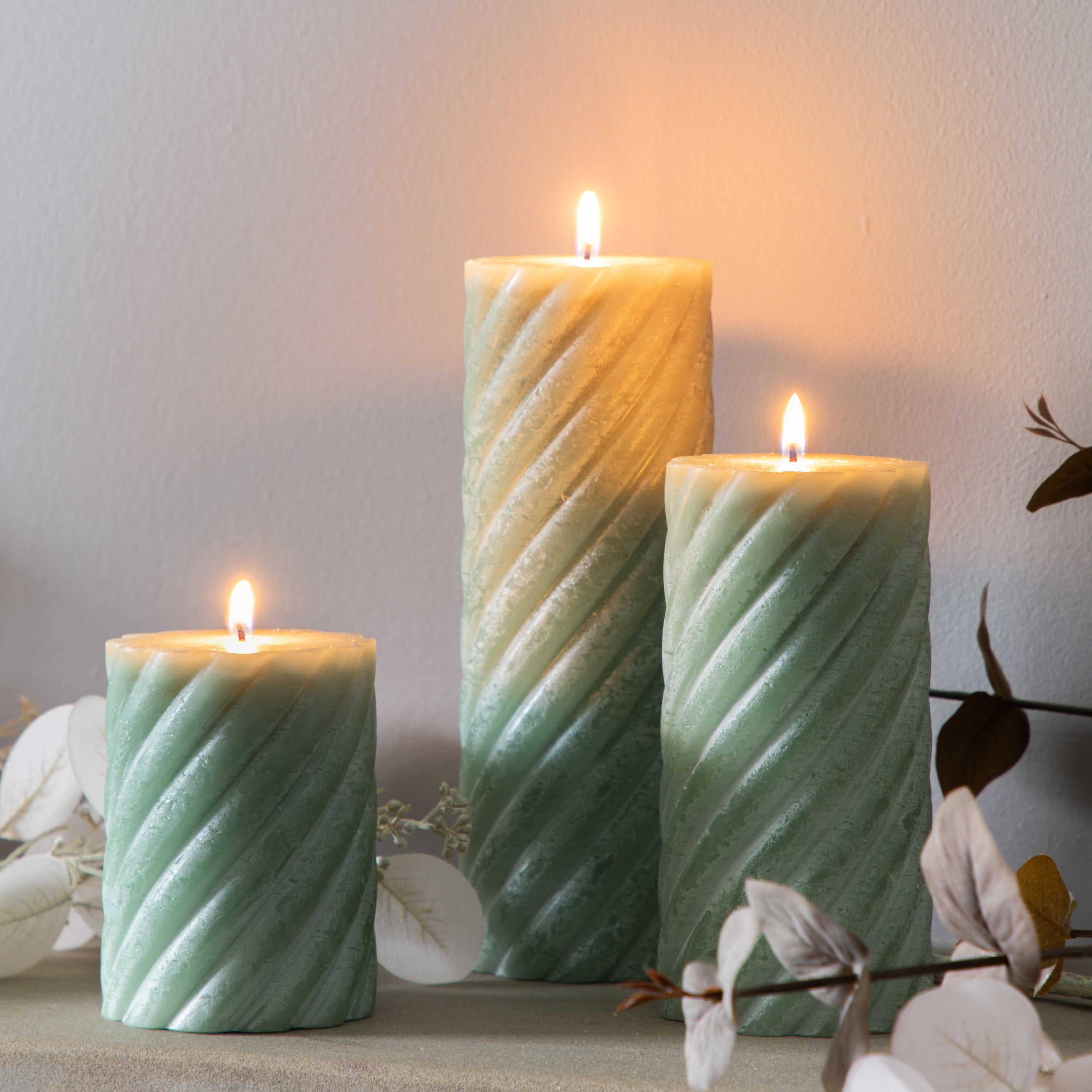 Vanilla Pillar Candle Twist Sage (2pk) - 3 Sizes