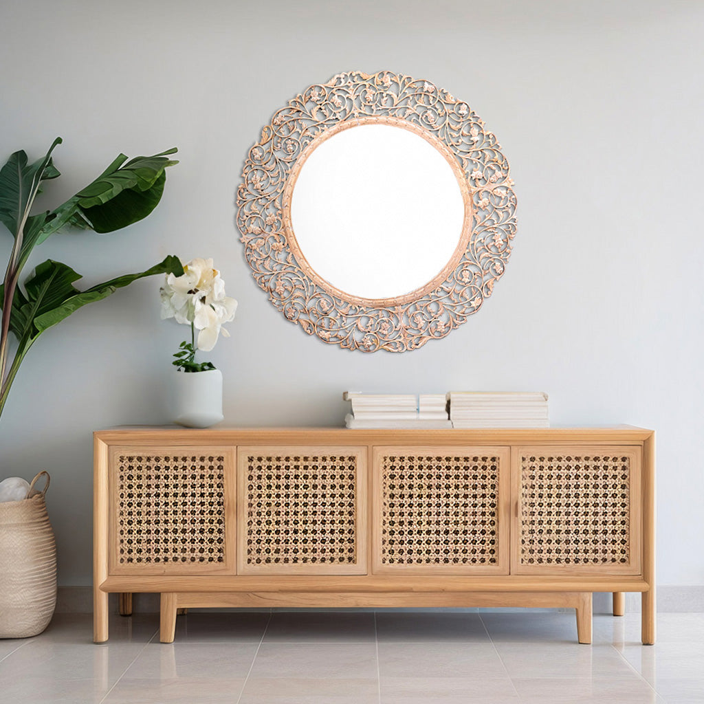 White Carved Mango Wood Round Mirror