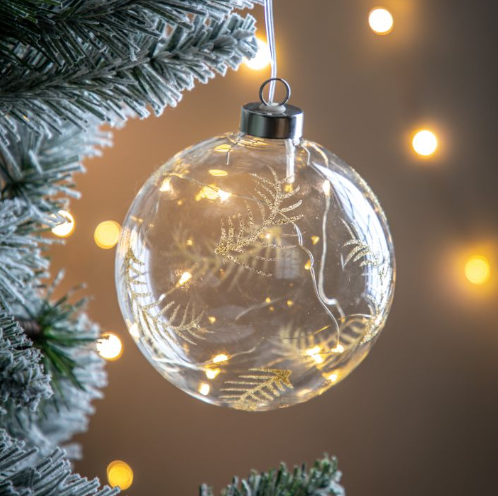 Feather Etched Bauble with LED - Clear/Amber