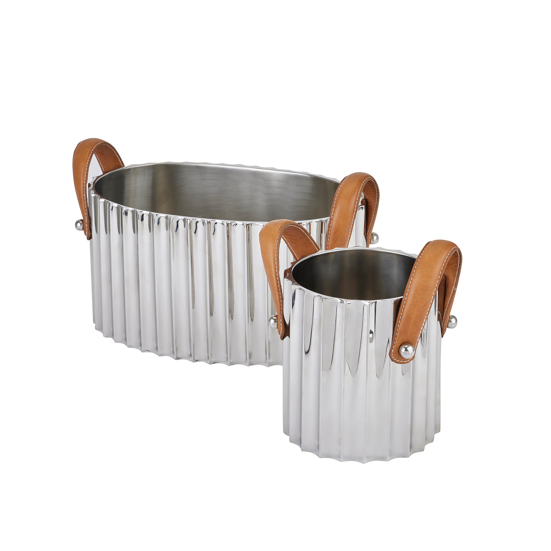 Silver Fluted Leather Handled Champagne Cooler - 2 Sizes